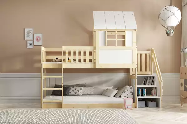 Letto A Castello A Casetta Con Scala E Tetto – Soppalco In Legno Naturale 90x200 Czesci Skladowe
