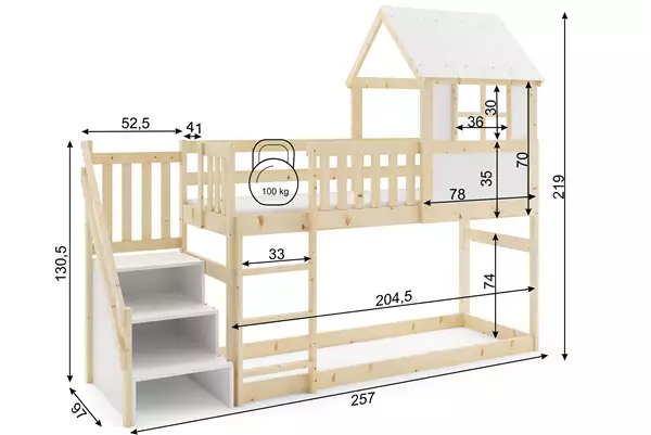 Letto A Castello A Casetta Con Scala E Tetto – Soppalco In Legno Naturale 90x200 Rozmiar