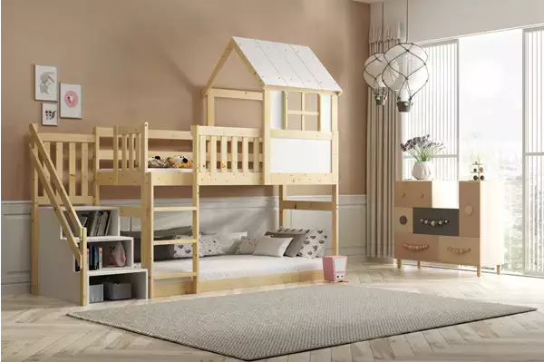 Letto A Castello A Casetta Con Scala E Tetto – Soppalco In Legno Naturale 90x200 Wizualizacja