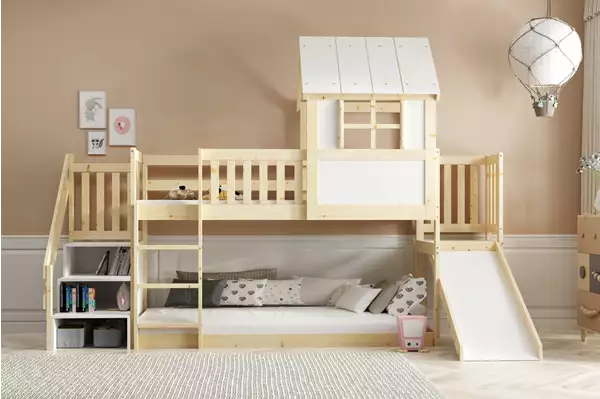Letto A Castello A Casetta Con Scivolo, Tetto E Scale – Soppalco In Legno Naturale 90x200 Czesci Skladowe