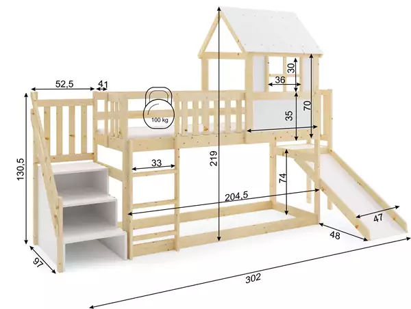 Letto A Castello A Casetta Con Scivolo, Tetto E Scale – Soppalco In Legno Naturale 90x200 Rozmiar