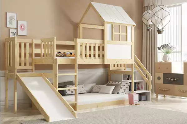 Letto A Castello A Casetta Con Scivolo, Tetto E Scale – Soppalco In Legno Naturale 90x200 Wizualizacja