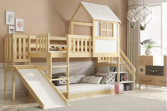 Letto A Castello A Casetta Con Scivolo, Tetto E Scale – Soppalco In Legno Naturale 90x200 Wizualizacja