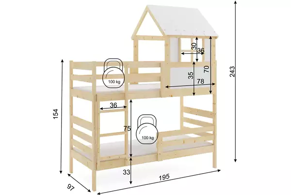 Dimensioni e specifiche per Letto a castello a casetta con tetto – Eryk, in legno naturale 90x190