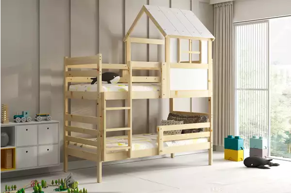 Visuale per Letto a castello a casetta con tetto – Eryk, in legno naturale 90x190