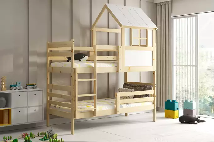 Visuale per Letto a castello a casetta con tetto – Eryk, in legno naturale 90x190