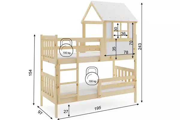 Dimensioni e specifiche per Letto a castello a casetta con tetto – Kacper, in legno naturale 90x190 Dimensioni e specifiche per Letto a castello a casetta con tetto – Kacper, in legno naturale 90x190