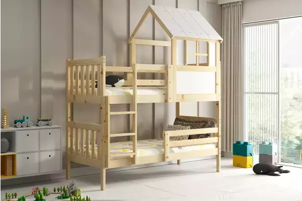 Visuale per Letto a castello a casetta con tetto – Kacper, in legno naturale 90x190 Visuale per Letto a castello a casetta con tetto – Kacper, in legno naturale 90x190