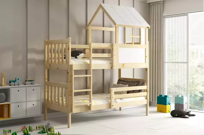 Visuale per Letto a castello a casetta con tetto – Kacper, in legno naturale 90x190