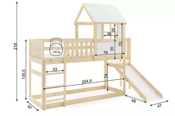 Letto A Castello Con Scivolo – Soppalco, Casetta In Legno Naturale 90x200 Rozmiar