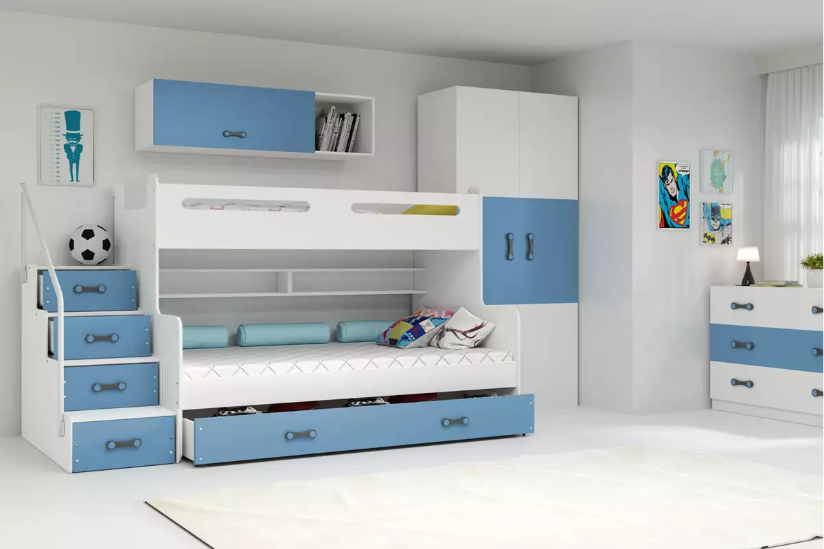 Visualizzazione per Letto a castello per adolescenti MAX 3 120x200 con materasso e cassetto, blu