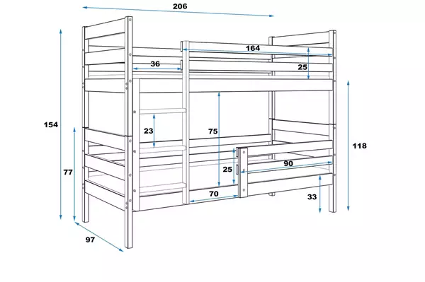 Misura del Letto a castello per giovani ERYK 90x200 con materasso, bianco Misura del Letto a castello per giovani ERYK 90x200 con materasso, bianco