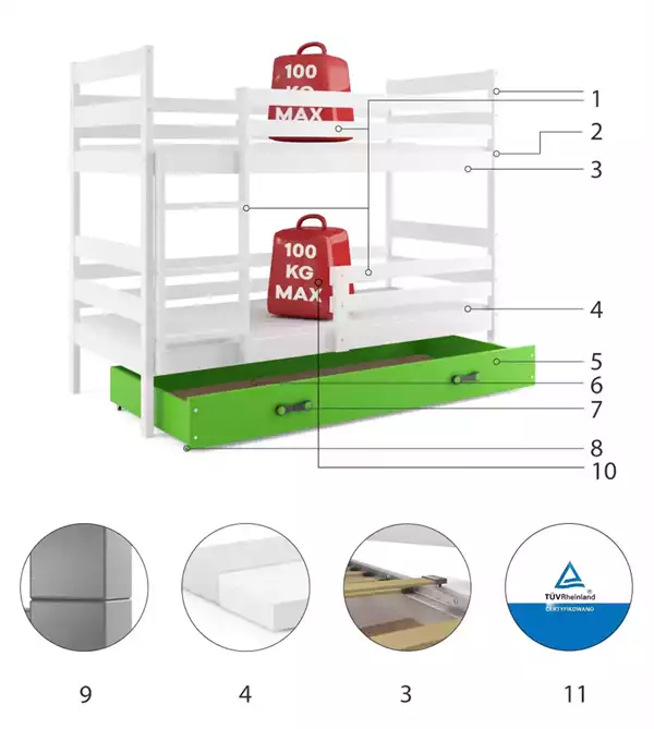 Componenti del Letto a castello per giovani ERYK 90X200 con materasso e cassetto, bianco/verde Componenti del Letto a castello per giovani ERYK 90X200 con materasso e cassetto, bianco/verde