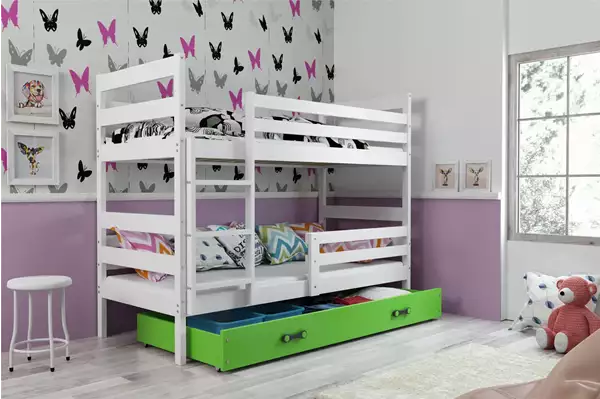 Visualizzazione per Letto a castello per giovani ERYK 90X200 con materasso e cassetto, bianco/verde Visualizzazione per Letto a castello per giovani ERYK 90X200 con materasso e cassetto, bianco/verde