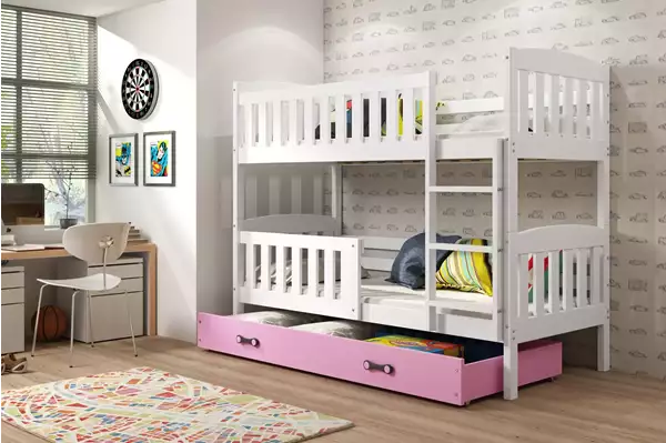 Visualizzazione per Letto a castello per giovani KUBUŚ 90x200 con materasso e cassetto, bianco/rosa Visualizzazione per Letto a castello per giovani KUBUŚ 90x200 con materasso e cassetto, bianco/rosa