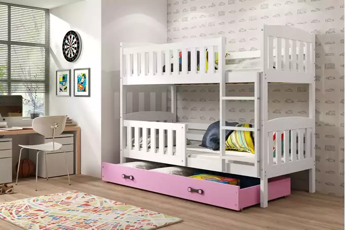 Visualizzazione per Letto a castello per giovani KUBUŚ 90x200 con materasso e cassetto, bianco/rosa
