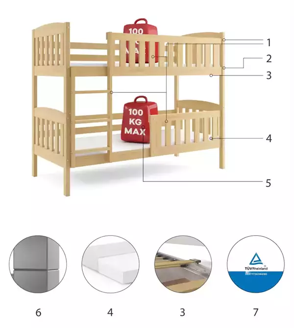 Componenti del Letto a castello per giovani KUBUŚ 90x200 con materasso, pino Componenti del Letto a castello per giovani KUBUŚ 90x200 con materasso, pino