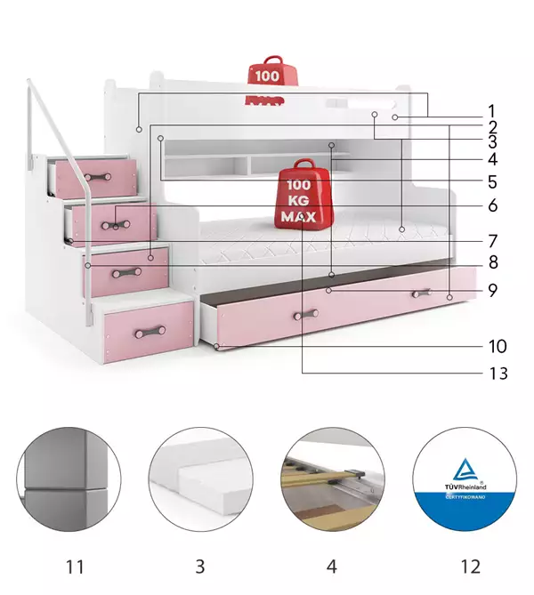Componenti del Letto a castello per giovani MAX 3 120x200 con materasso e cassetto, rosa Componenti del Letto a castello per giovani MAX 3 120x200 con materasso e cassetto, rosa