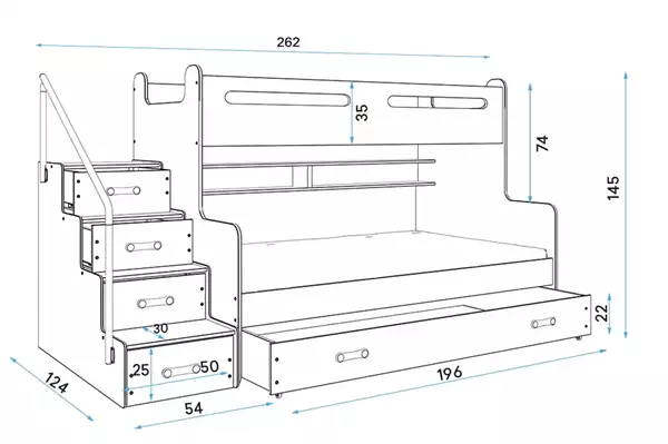Misura del Letto a castello per giovani MAX 3 120x200 con materasso e cassetto, rosa Misura del Letto a castello per giovani MAX 3 120x200 con materasso e cassetto, rosa