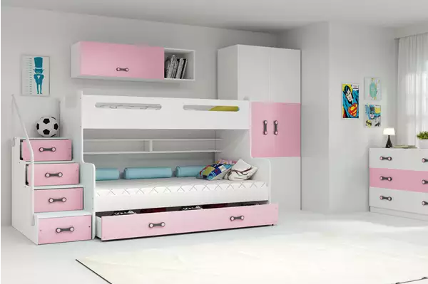 Visualizzazione per Letto a castello per giovani MAX 3 120x200 con materasso e cassetto, rosa Visualizzazione per Letto a castello per giovani MAX 3 120x200 con materasso e cassetto, rosa