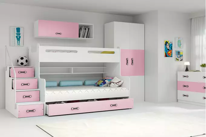 Visualizzazione per Letto a castello per giovani MAX 3 120x200 con materasso e cassetto, rosa