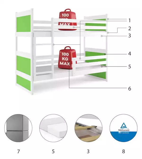 Componenti del Letto a castello per giovani RICO 90X190, bianco/verde Componenti del Letto a castello per giovani RICO 90X190, bianco/verde