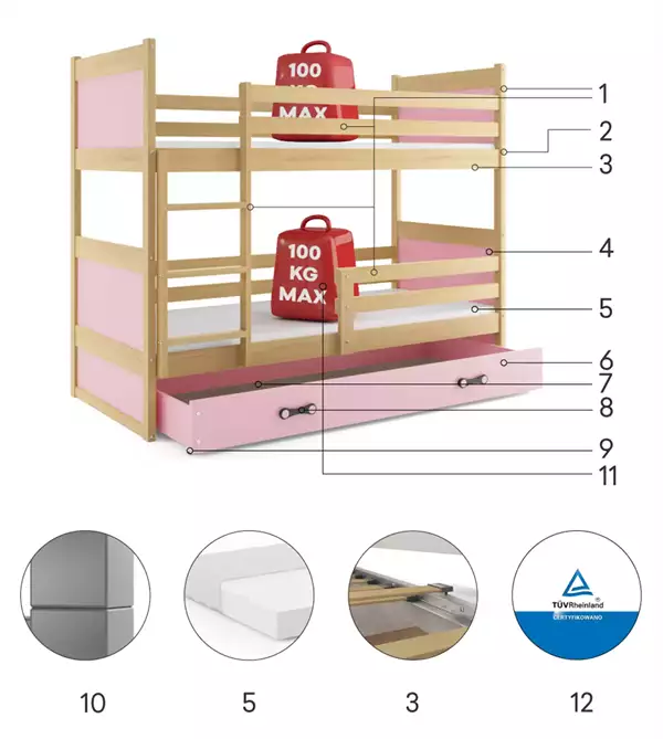 Componenti del Letto a castello per giovani RICO 90x190 con cassetto, pino/rosa Componenti del Letto a castello per giovani RICO 90x190 con cassetto, pino/rosa