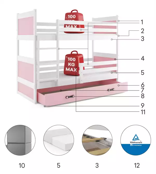 Componenti del Letto a castello per giovani RICO 90x190 con materasso e cassetto, bianco/rosa