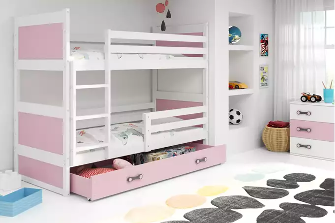 Visualizzazione per Letto a castello per giovani RICO 90x190 con materasso e cassetto, bianco/rosa