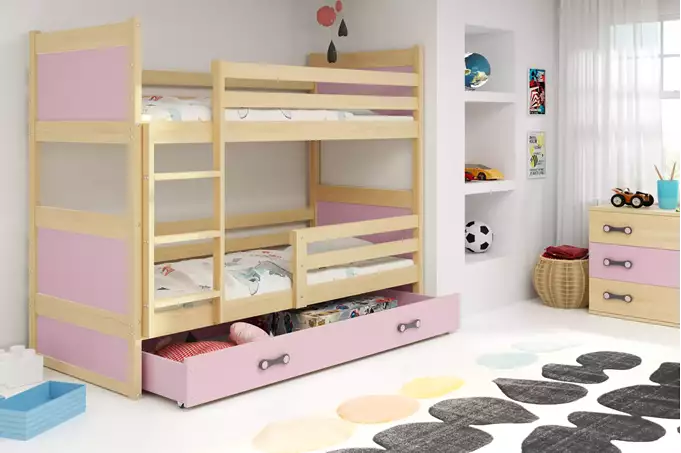 Visualizzazione per Letto a castello per giovani RICO 90x190 con materasso e cassetto, pino/rosa