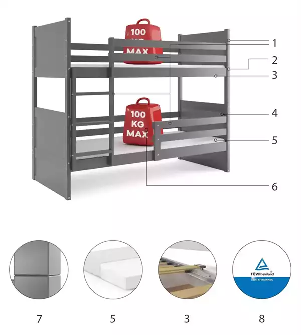 Componenti del Letto a castello per giovani RICO 90x190 con materasso, grafite Componenti del Letto a castello per giovani RICO 90x190 con materasso, grafite