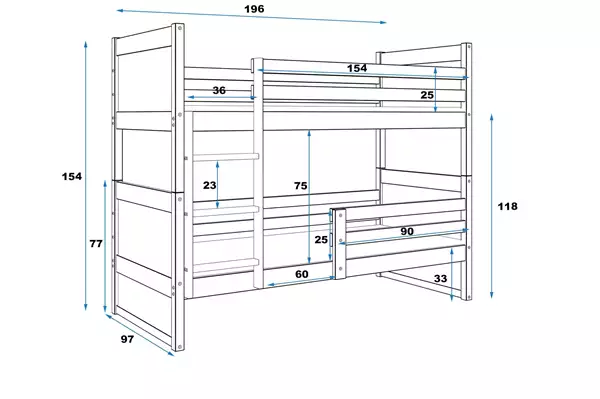 Misura del Letto a castello per giovani RICO 90x190 con materasso, pino/bianco Misura del Letto a castello per giovani RICO 90x190 con materasso, pino/bianco