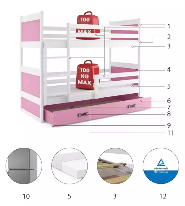 Componenti del Letto a castello per giovani RICO 90x200 con cassetto, bianco/rosa Componenti del Letto a castello per giovani RICO 90x200 con cassetto, bianco/rosa