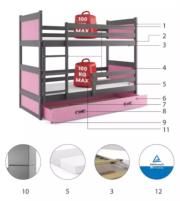 Componenti del Letto a castello per giovani RICO 90X200 con materasso e cassetto, grafite/rosa Componenti del Letto a castello per giovani RICO 90X200 con materasso e cassetto, grafite/rosa
