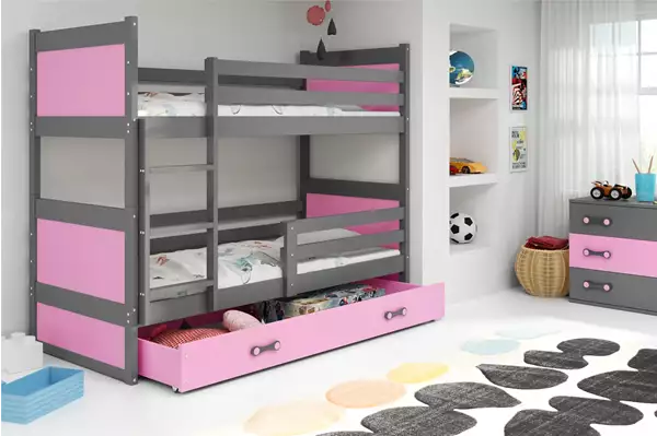 Visualizzazione per Letto a castello per giovani RICO 90X200 con materasso e cassetto, grafite/rosa Visualizzazione per Letto a castello per giovani RICO 90X200 con materasso e cassetto, grafite/rosa