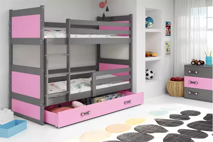 Visualizzazione per Letto a castello per giovani RICO 90X200 con materasso e cassetto, grafite/rosa