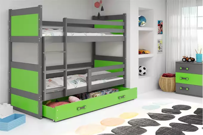 Visualizzazione per Letto a castello per giovani RICO 90X200 con materasso e cassetto, grafite/verde