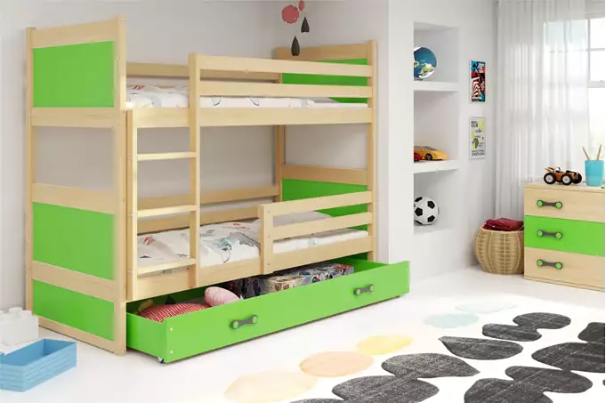 Visualizzazione per Letto a castello per giovani RICO 90x200 con materasso e cassetto, pino/verde