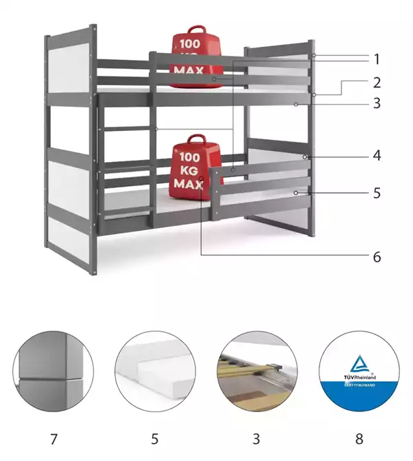 Componenti del Letto a castello per giovani RICO 90X200 con materasso, grafite/bianco Componenti del Letto a castello per giovani RICO 90X200 con materasso, grafite/bianco