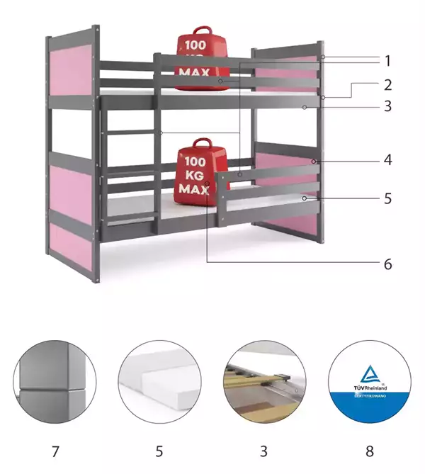 Componenti del Letto a castello per giovani RICO 90x200 con materasso, grafite/rosa Componenti del Letto a castello per giovani RICO 90x200 con materasso, grafite/rosa