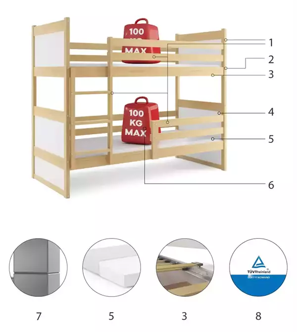 Componenti del Letto a castello per giovani RICO 90X200 con materasso, pino/bianco Componenti del Letto a castello per giovani RICO 90X200 con materasso, pino/bianco