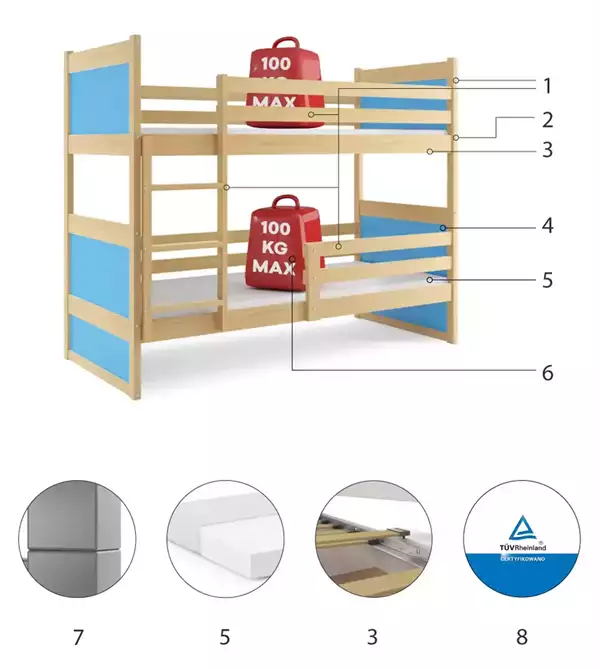 Componenti del Letto a castello per giovani RICO 90X200 con materasso, pino/blu Componenti del Letto a castello per giovani RICO 90X200 con materasso, pino/blu