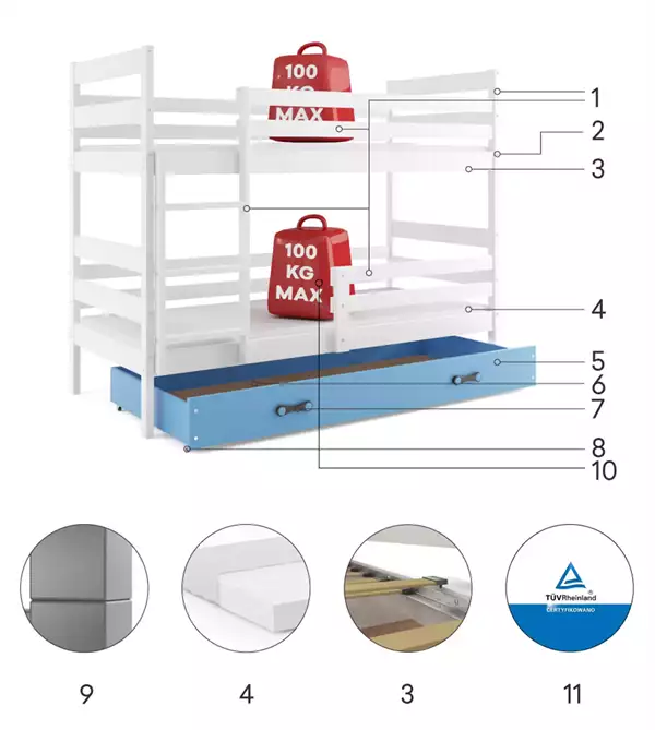 Componenti del Letto a castello per ragazzi ERYK 90x200 con cassetto, bianco/blu