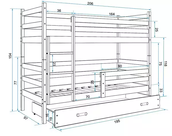 Misura del Letto a castello per ragazzi ERYK 90x200 con materasso e cassetto, bianco Misura del Letto a castello per ragazzi ERYK 90x200 con materasso e cassetto, bianco