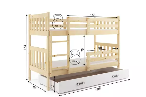 Letto A Castello Per Ragazzi Kacper 90x190 Con Materasso E Cassetto, Pino Rozmiar Letto A Castello Per Ragazzi Kacper 90x190 Con Materasso E Cassetto, Pino Rozmiar