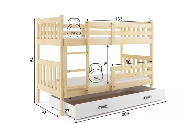 Letto A Castello Per Ragazzi Kacper 90x200 Con Cassetto, Pino/bianco Rozmiar Letto A Castello Per Ragazzi Kacper 90x200 Con Cassetto, Pino/bianco Rozmiar