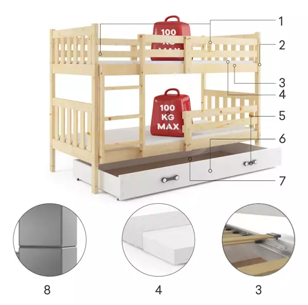 Letto A Castello Per Ragazzi Kacper 90x200 Con Materasso E Cassetto, Pino/bianco Czesci Skladowe Letto A Castello Per Ragazzi Kacper 90x200 Con Materasso E Cassetto, Pino/bianco Czesci Skladowe