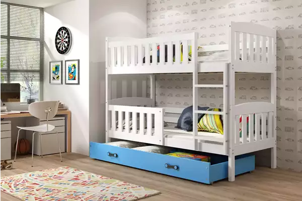 Visualizzazione per Letto a castello per ragazzi KUBUŚ 90X190 con cassetto, bianco/blu Visualizzazione per Letto a castello per ragazzi KUBUŚ 90X190 con cassetto, bianco/blu
