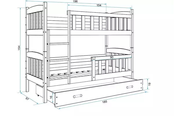 Misura del Letto a castello per ragazzi KUBUŚ 90x190 con cassetto, bianco Misura del Letto a castello per ragazzi KUBUŚ 90x190 con cassetto, bianco