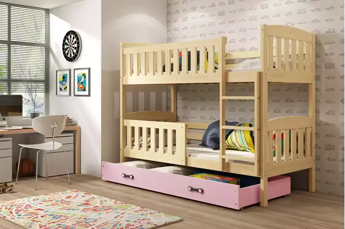 Visualizzazione per Letto a castello per ragazzi KUBUŚ 90X190 con cassetto, pino/rosa